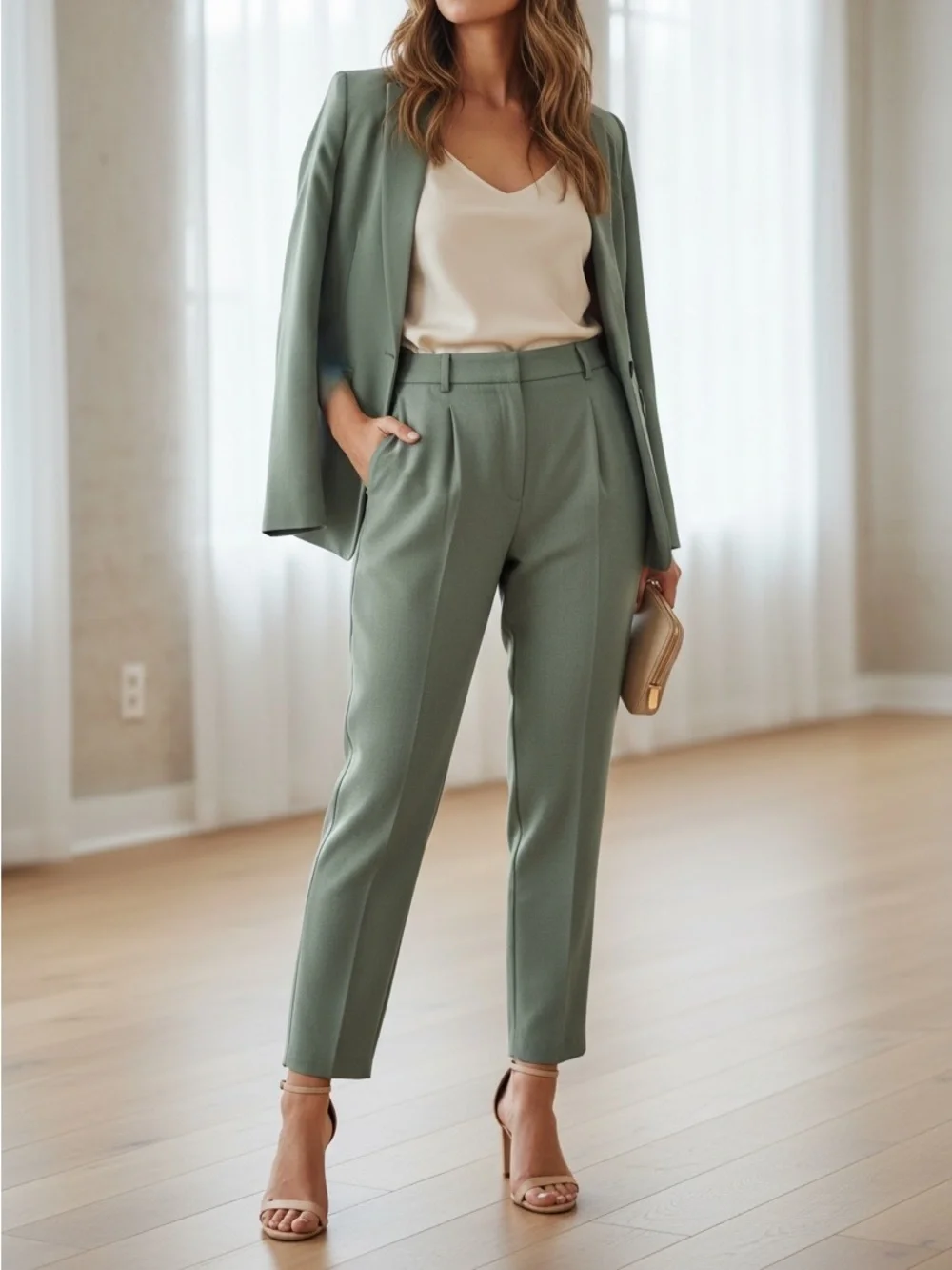 Holt Renfrew Vintage 80’s/90’s Pure New Wool Sage Green Ultra High Rise Trouser - Picture 1 of 10